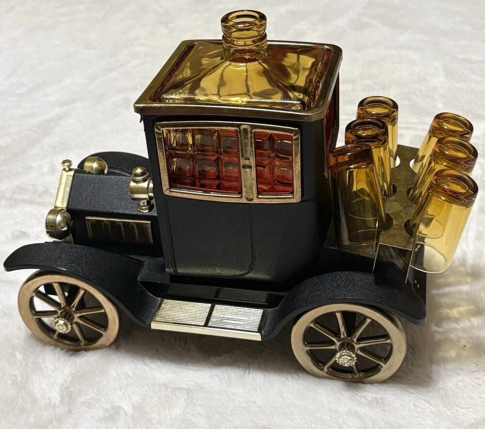 Ford Model T Whiskey Decanter 1915 Japan Music Box w/ Shot Glasses 1960s Vintage